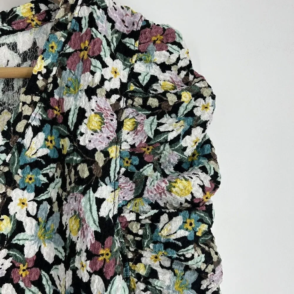LOFT Top Size Medium Black Floral Shirred Puff Long Sleeve Shirt V Neck Stretch